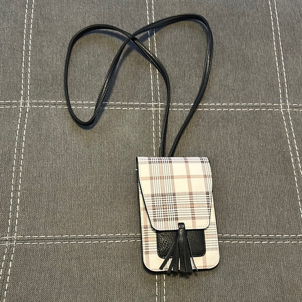 Plaid Crossbody Bag with Tassel Accent